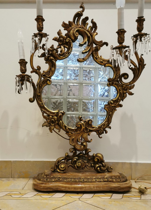Antiek Bronzen Spiegel Met Lampen
