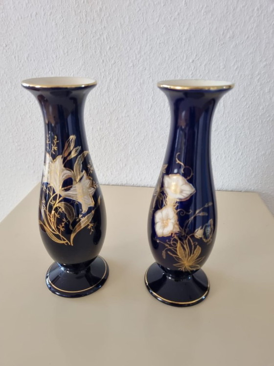 Image 1 of Vasi in porcellana di Limburgo (2x) – blu cobalto con fiori dorati – vintage, realizzati in Germania