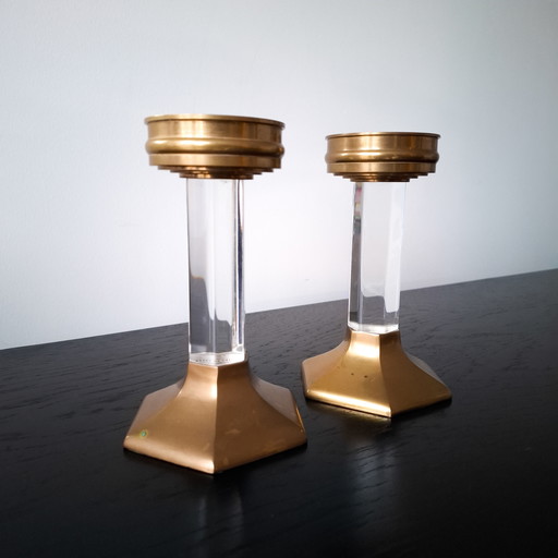 2x vintage kandelaar jaren 60/70 lucite/messing