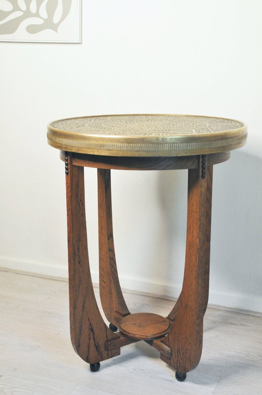 Antique art deco wooden smoking table side table with copper top