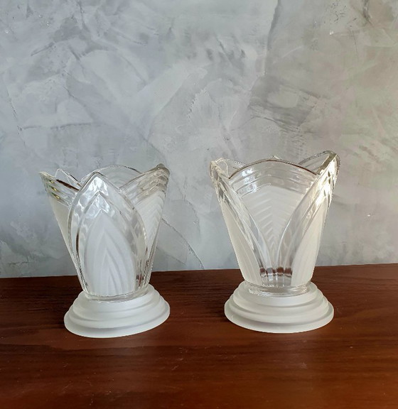 Image 1 of Art Deco Theelichten Vintage Frosted Glas 2 Stuks