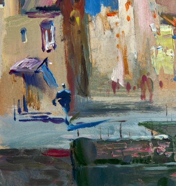Image 1 of Origineel olieverfschilderij: Stadslandschap aan de rivier, schaduwen van het stadsleven