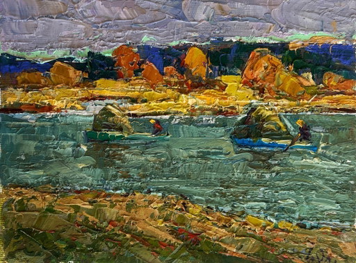 Pintura al óleo original Paisaje otoñal junto al río Sobre el silencio vespertino junto al río