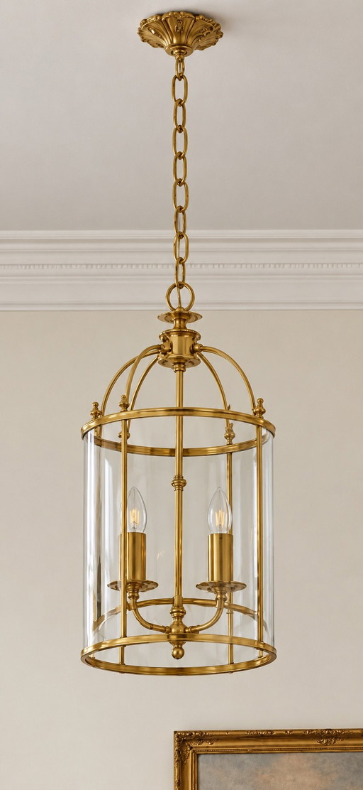 Empire-stijl hanglamp / hallantaarn van messing en glas 1970