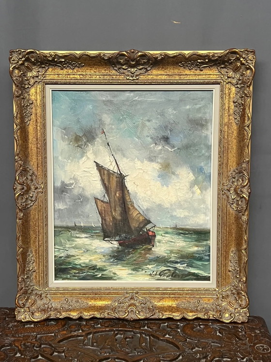 J.J. Coulon. "Marine Landscape." Oil on canvas. – Paintings & Drawings, Mid Century Modern (photo 2 of 8)