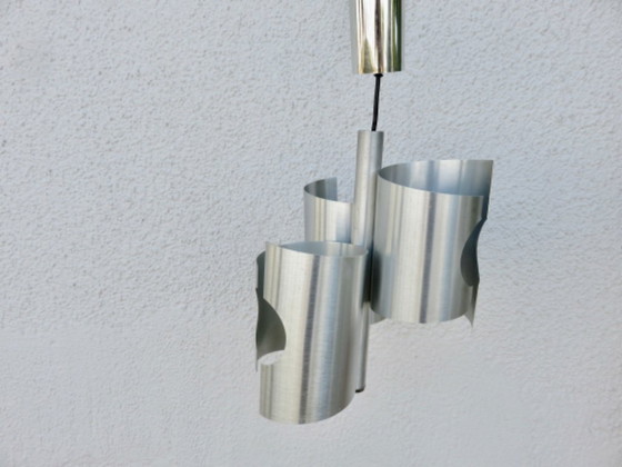 Image 1 of UFO-Hängeleuchte im Weltraumzeitalter-Stil, Rockabilly-Stil, gebürsteter Stahl, 1970