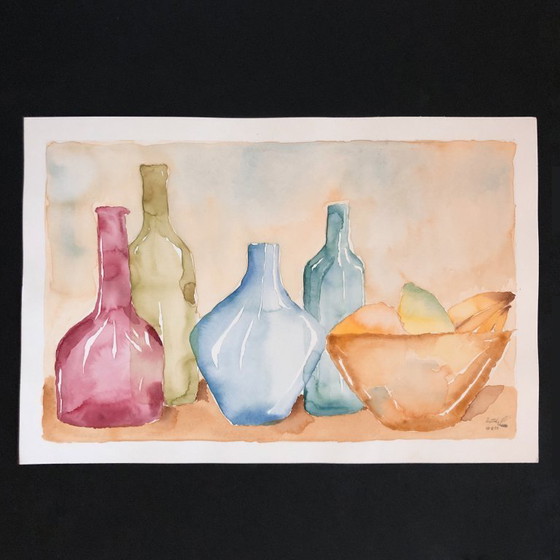 Image 1 of Aquarelle aux bouteilles et aux fruits Allemagne, années 90