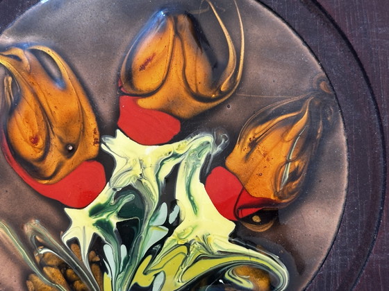 Smalto vintage su rame con decorazione stilizzata di tulipani – Quadro modernista incorniciato – Anni '60-'70 (photo 7 of 10)
