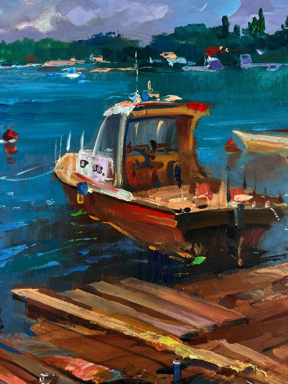 Image 1 of Original Oil Painting Summer Coastal Landscape Old wooden pier leading into the sea