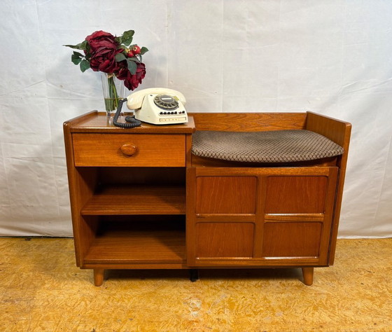 Image 1 of Mid-century retro vintage teak telephone seat by Nathan 1960–1970  Stylish utility|iconic british design|functional storage