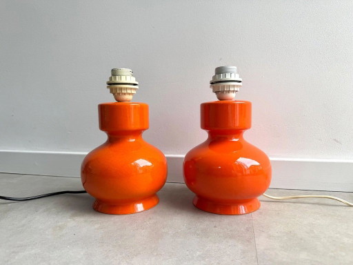 2x Vintage 70er Jahre orange Keramik-Tischlampenfüße – tafellampen, Ceramic