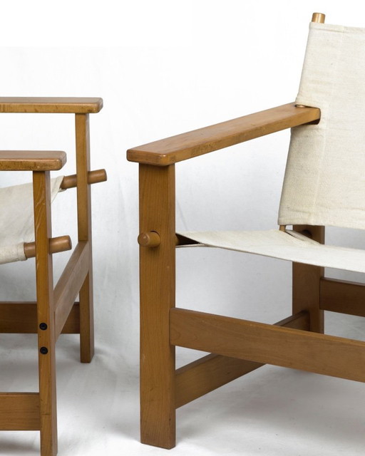 Sillones estilo safari vintage, 1 de 2, lona y madera, década de 1970.