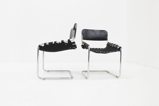 Image 1 of Vintage Italiaanse stoelen zwart leer en chroom, jaren 70