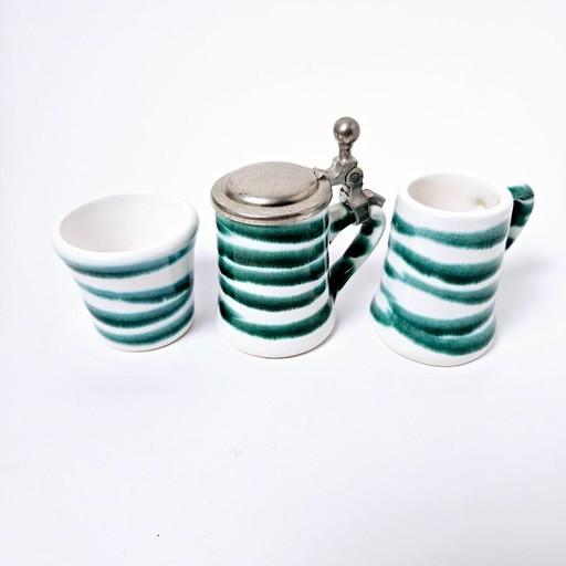 Set of 3 ceramic shot glasses | Vintage handpainted GMUNDNER KERAMIK from AUSTRIA | Green flamed collection from 1970s