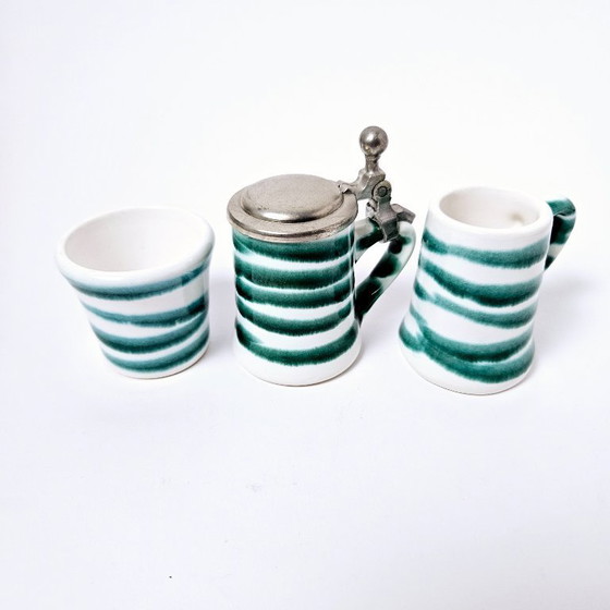 Image 1 of Set of 3 ceramic shot glasses | Vintage handpainted GMUNDNER KERAMIK from AUSTRIA | Green flamed collection from 1970s