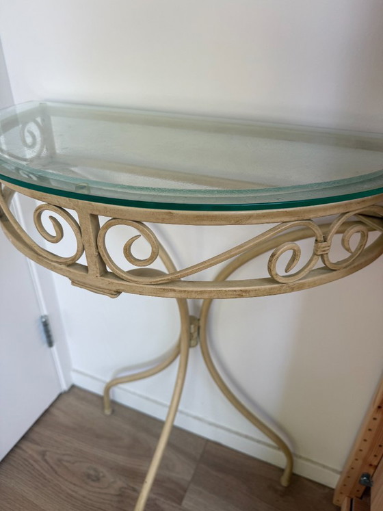 Console tafel, beige metaal en glas, Vintage (foto 4 van 5)