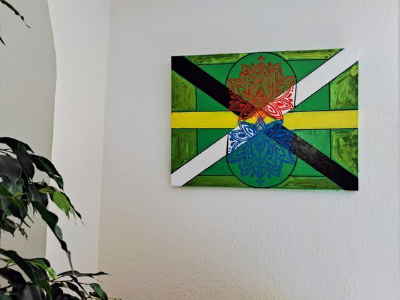 Image 1 of Enzo San Marco - Essentiële kleuren op een groene achtergrond - Schilderij van de kunstenaar