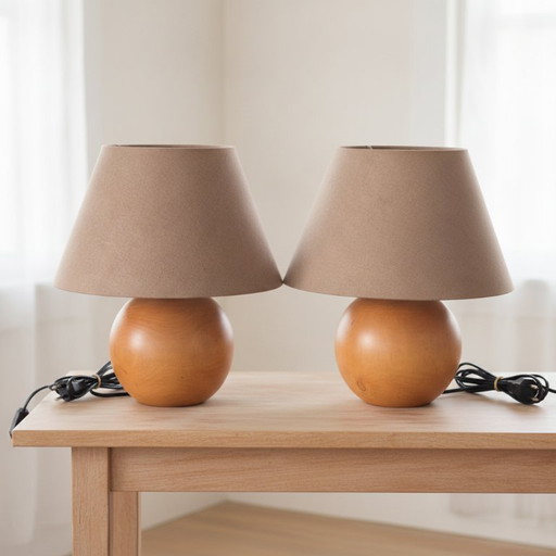 2 lámparas de mesa vintage escandinavas con base de globo de madera maciza – tafellampen, Textile, Wood