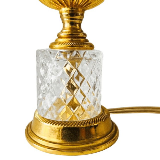 Image 1 of Lampada da tavolo francese vintage, in vetro tagliato, ottone e seta blu, anni '50.