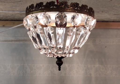 Lampada da soffitto Art Déco in ottone e pendenti in vetro - metà del XX secolo