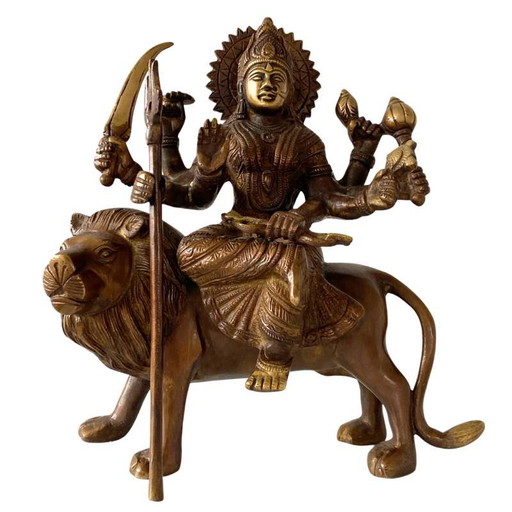 Durga de Bronce sobre León – Antigua Estatua Diosa Hindú