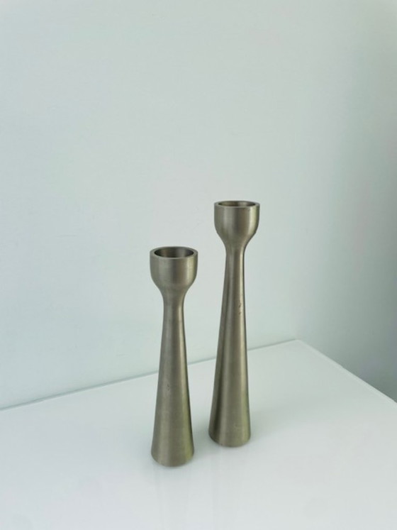 Image 1 of Scandinavian candlesticks of brushed steel – set of two