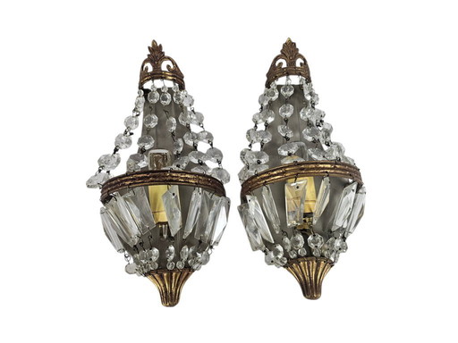 Stile Hollywood Regency - 2 lampade da parete - Dorate - Cristallo - Francia - Anni '60