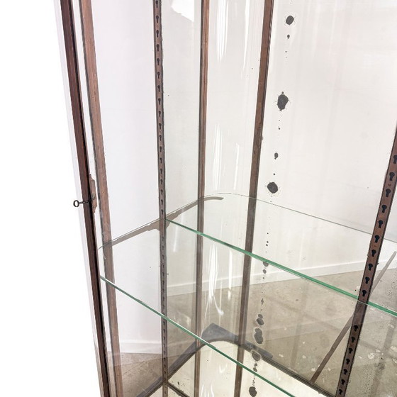Image 1 of Grote antieke museum vitrinekast met gebogen glas – bronskleurig metalen vitrinekast