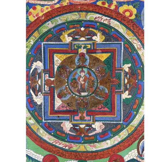 Thangka Mandala Tibétain – Art de Temple Bouddhiste – 57.5 cm – Peintures et dessins, Textile, Glass (photo 2 of 6)