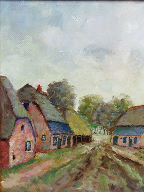 Image 1 of Oil on panel, small rural village, framed vintage painting, 1950-1970
