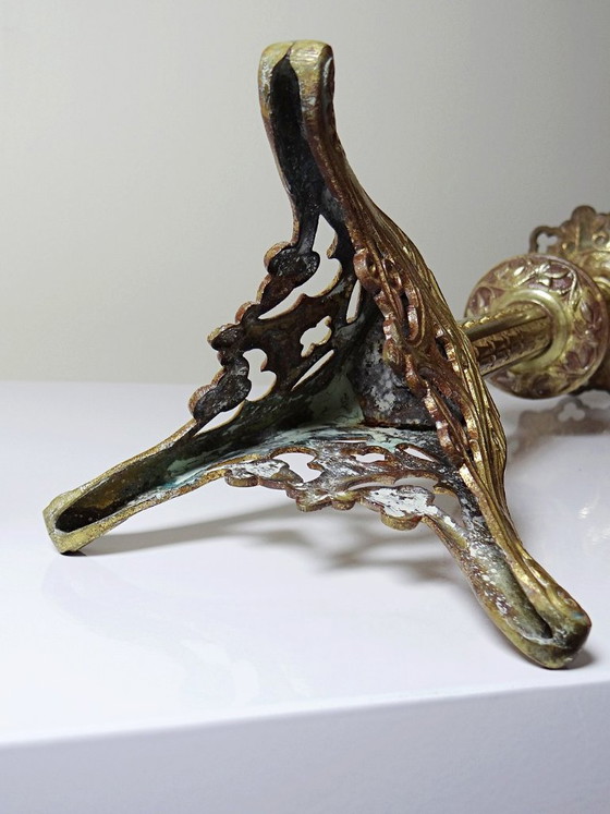 Image 1 of Large pair of antique gilt bronze candlesticks, 19th-century Gothic style