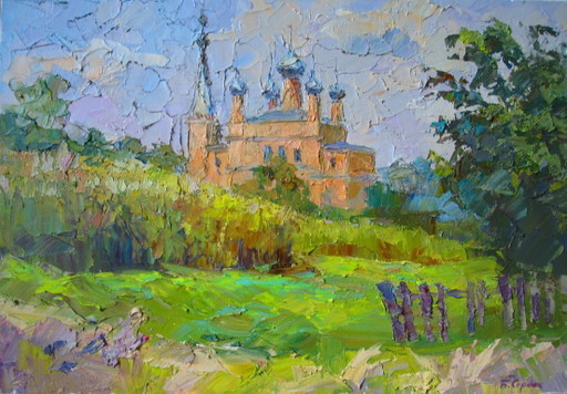 Peinture à l'Huile Originale Paysage Naturel Été Temple de l'Épiphanie