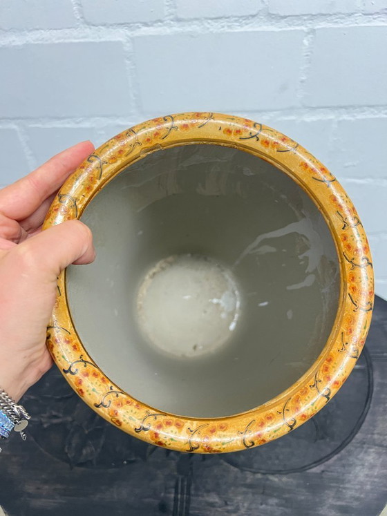 Image 1 of Vintage Satsuma large floor vase umbrella stand Japanese chinoiserie ceramic vase