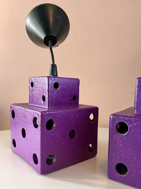 Image 1 of Gave vintage dobbelsteen lampen set. 2 stuks Fat Lava periode! Paars keramiek hanglamp