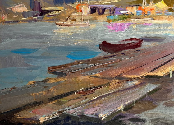 Image 1 of Original Oil Painting Evening Coastal Landscape Scarlet Sunset on the Ferry