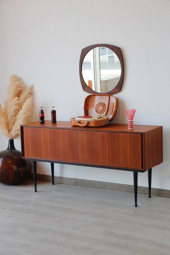 Image 1 of Mobiletto vintage in vinile con piano in teak (anni '60)