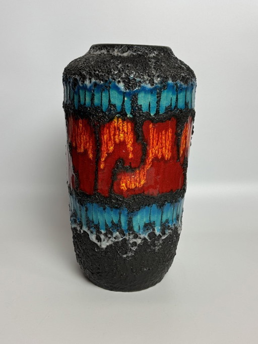 Large Ceramic Black Fat Lava Vase with Brilliant Azur Blue and Orange Enamel Accents, West Germany 1970s.