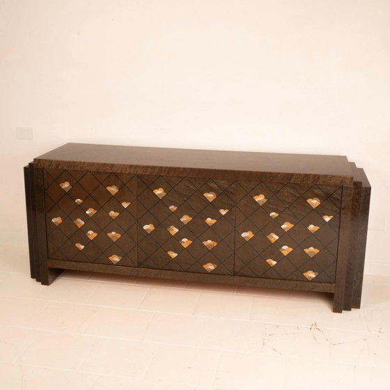 Luciano Frigerio Postmodernes Sideboard aus Maserholz und Perlmutt 1980 – Glass (photo 23 of 23)