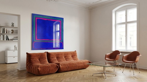 Color Field Schilderij Minimalisme Abstract Neon Blauw 02 95×95 Cm | Fine Art Op 5 Mm Acrylglas | Tentoonstellingsstuk I I