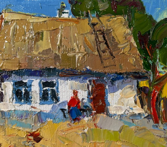 Image 1 of Original Oil Painting Village House Landscape A busy courtyard