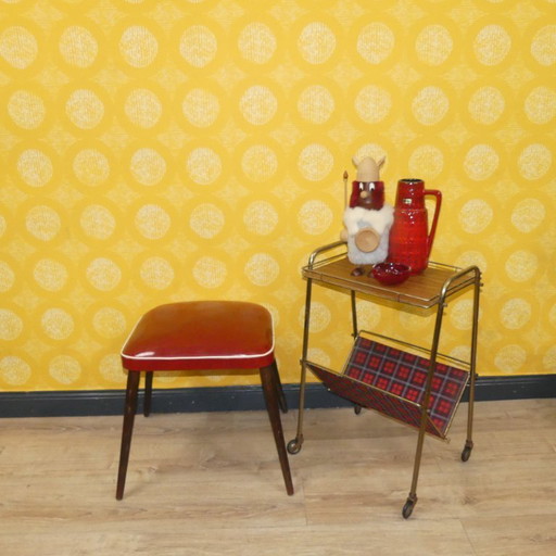 Vintage 1950s stool, spring core, wood, red, fifties classic, retro rockabilly seat, cocktail chair