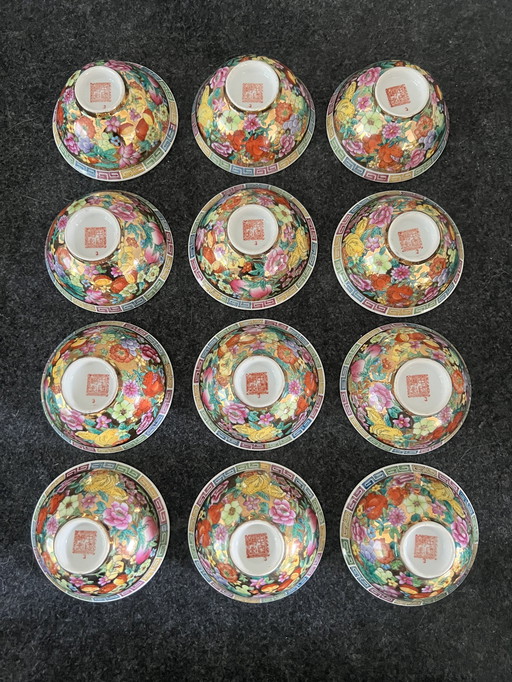 Chinese Mille Fleur Famille Rose vintage Antique Porcelain Bowls set of 12 