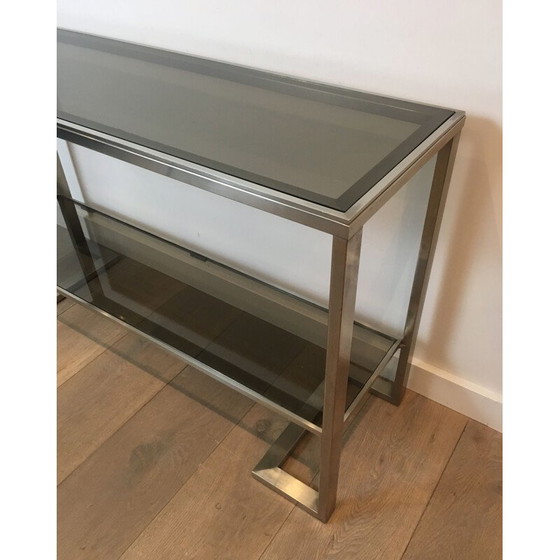 Image 1 of Vintage Console in Brushed Steel and Smoked Glass Trays 1970