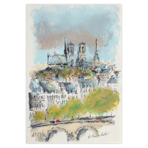 Urbain HUCHET París, Panorama sur Notre Dame Litografía firmada 1995