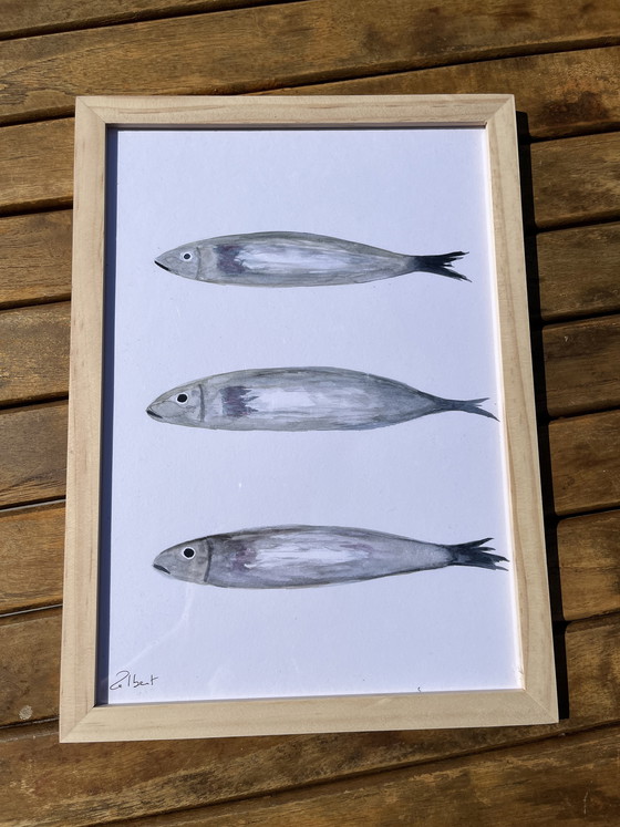 Image 1 of Framed watercolor "sardines" 30x21cm.