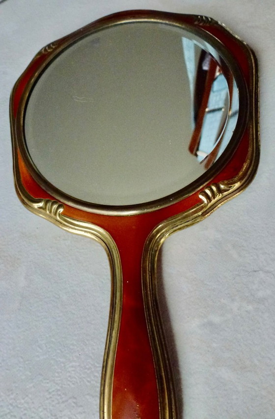 Image 1 of Vintage handspiegel, Facet geslepen, Duitsland, messing met celluloid.