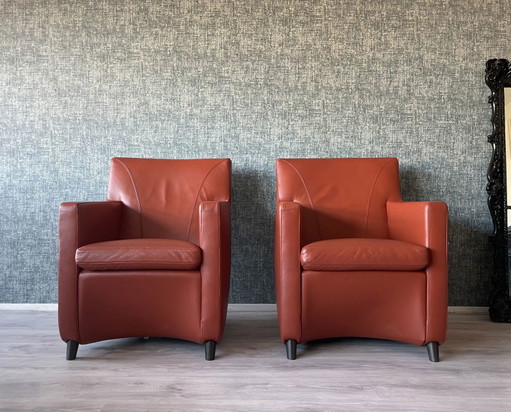 2x Leolux Dolcinea lederen Fauteuil + hocker