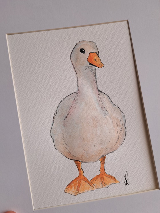 Image 1 of Watercolor painting Goose | Dark brown frame