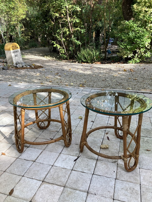 Paire de table basse ronde en rotin et verre année 60’S vintage 