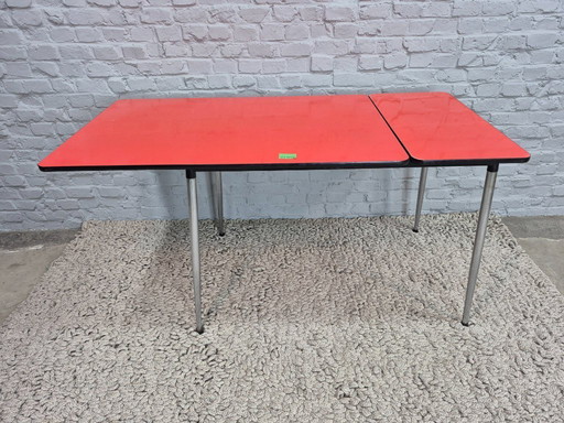 Vintage Design Rectangular Extendable Formica Kitchen Table in Orange with Chrome Legs – The Netherlands, 1960s
